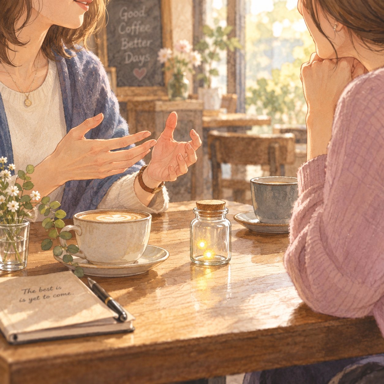 カフェで向かい合って丁寧に話す二人