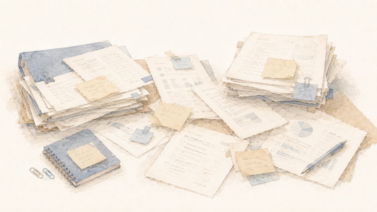 書類が積まれたデスク