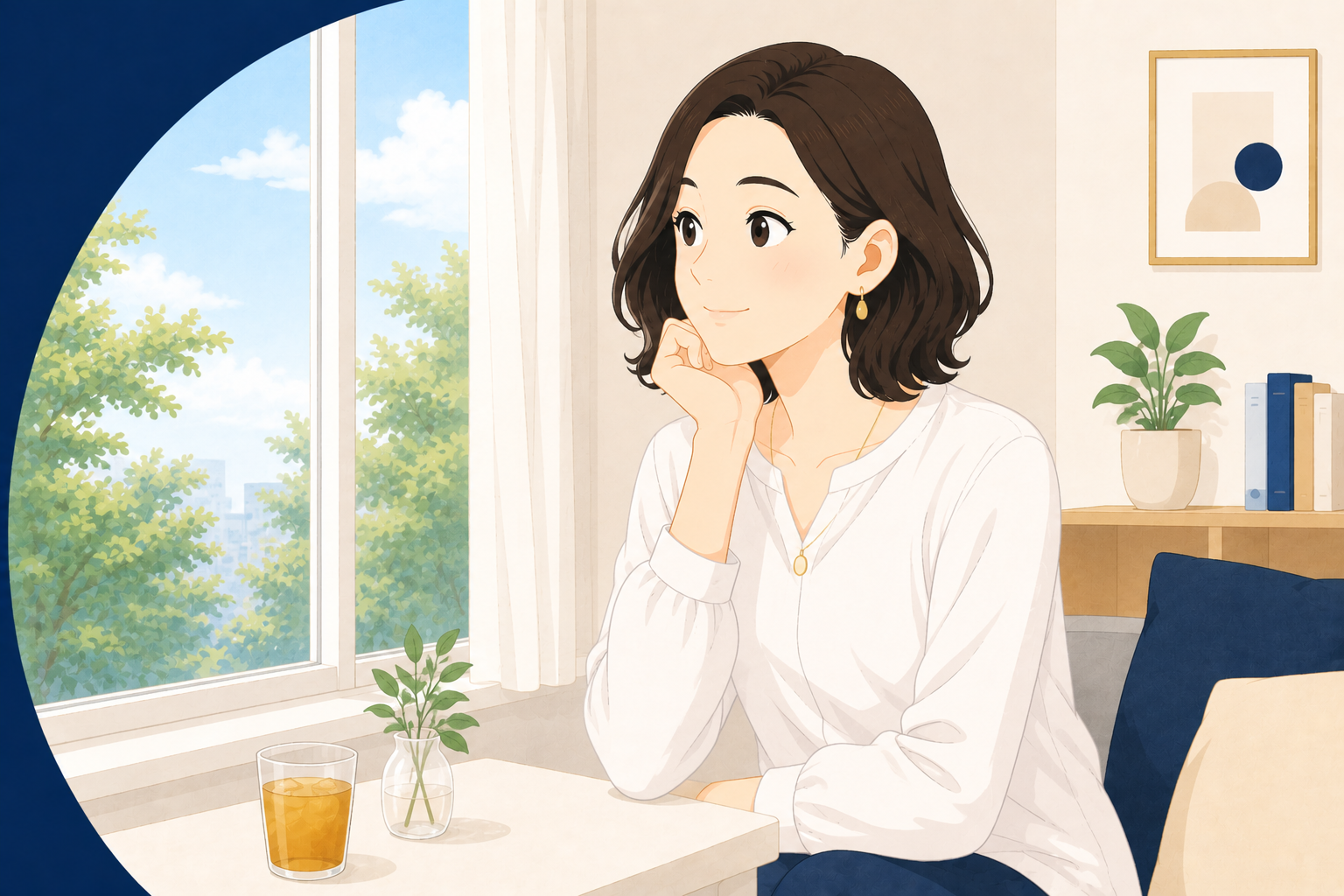 前向きな気持ちで窓の外を見る女性