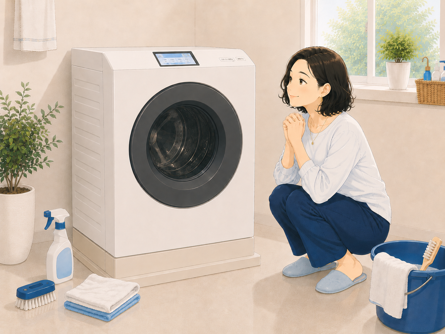 ピカピカになった洗面所で満足する女性
