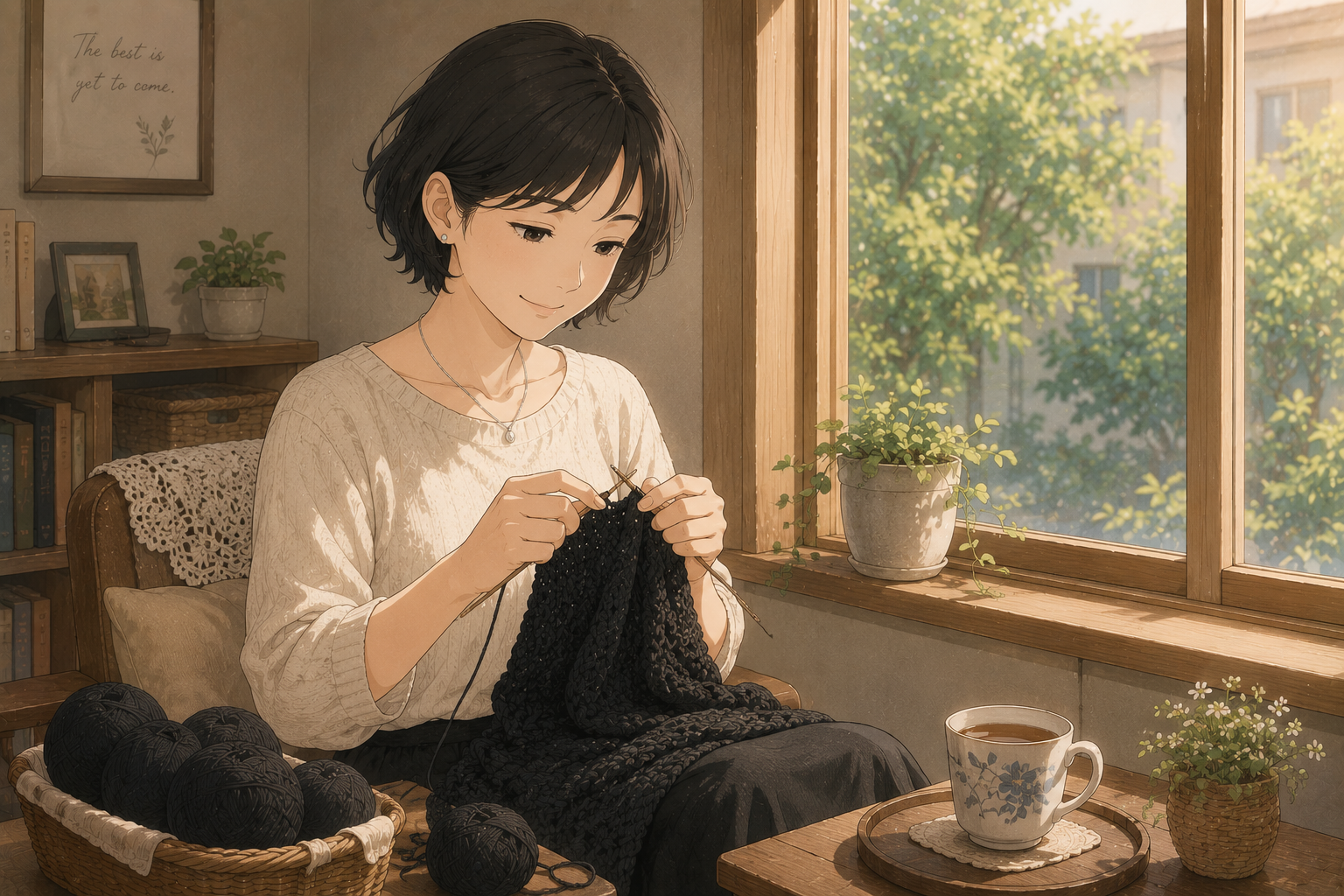 黒のコットンコナで編む様子