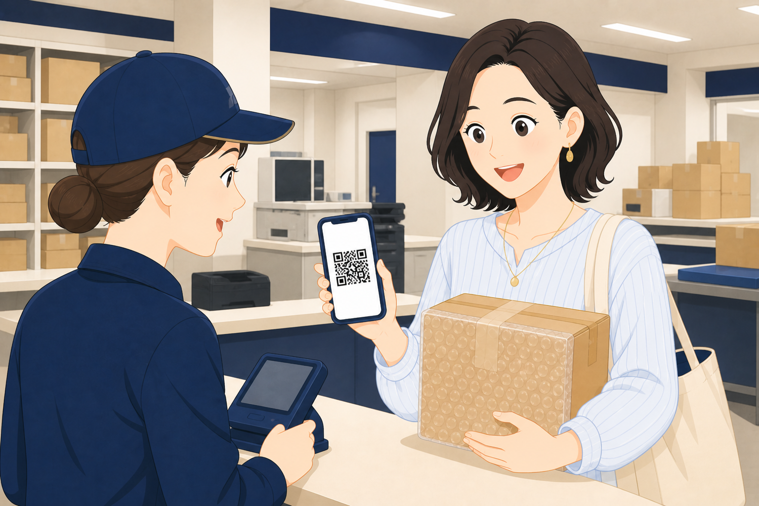 宅配業者の営業所でQRコードを見せる様子