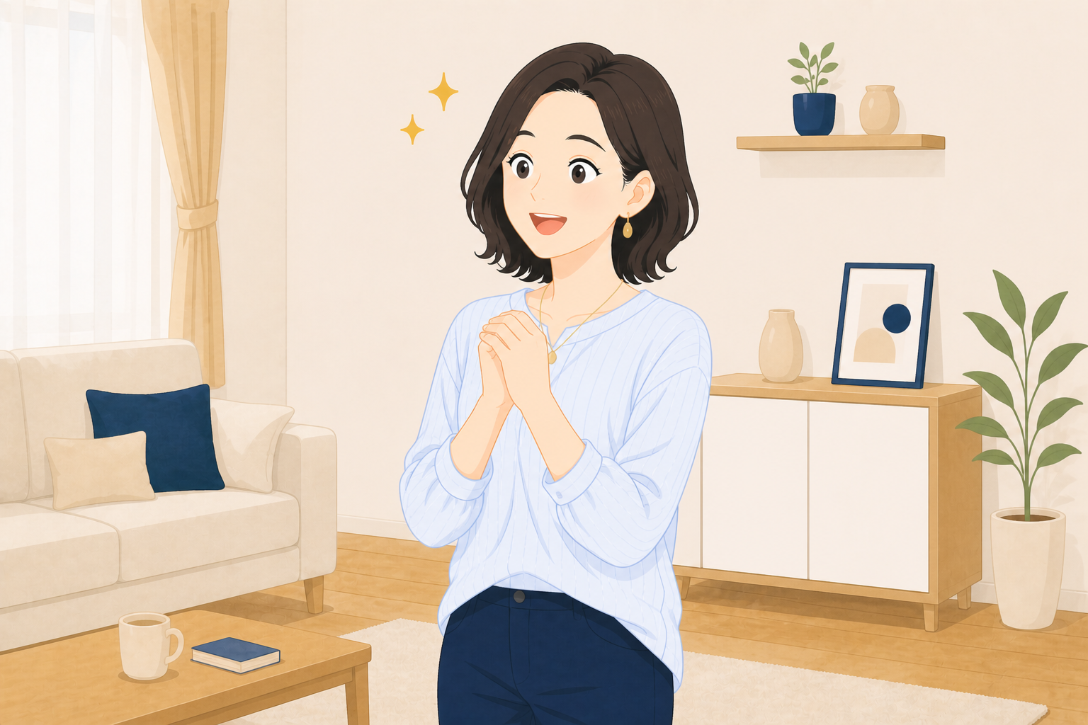 片づいた部屋で満足している様子