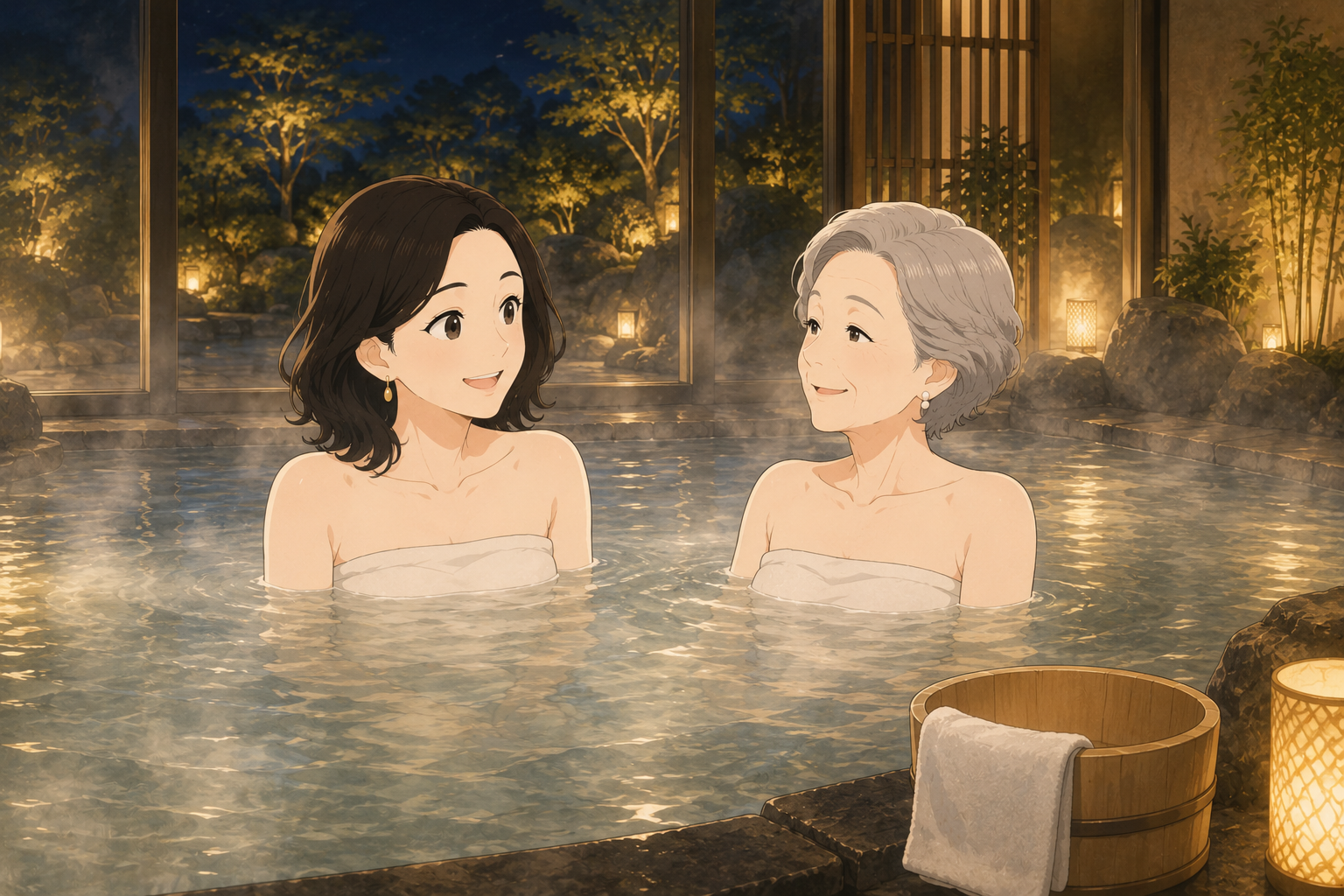 大浴場のあるホテルでくつろぐ様子