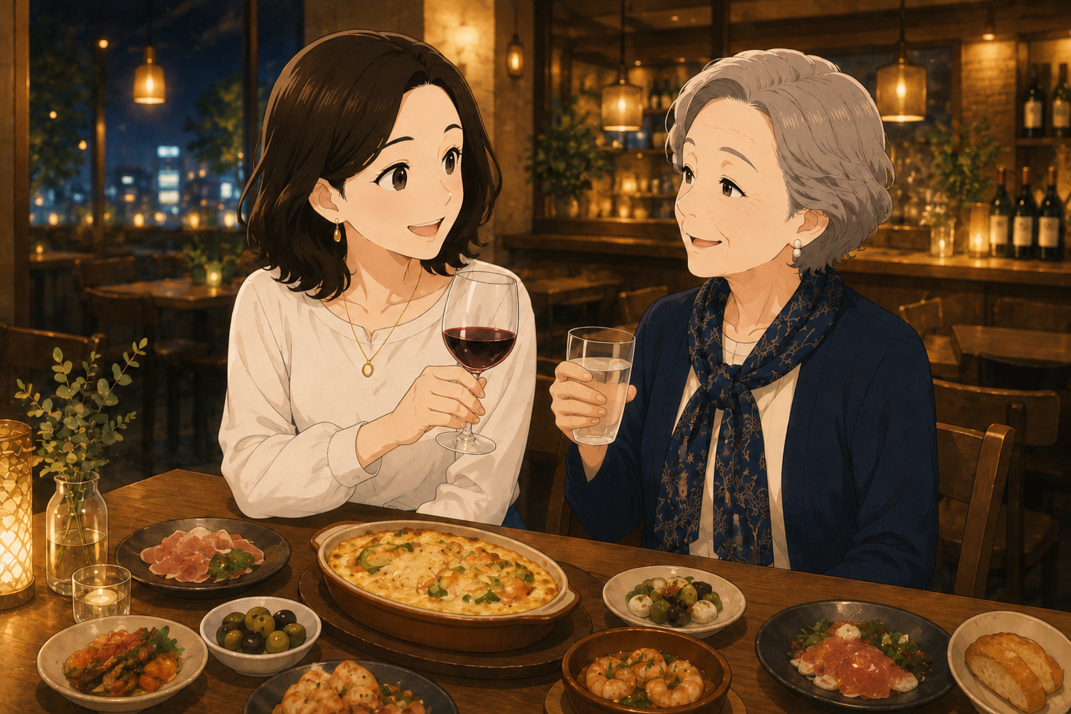 母娘で居酒屋の料理をシェアして食事