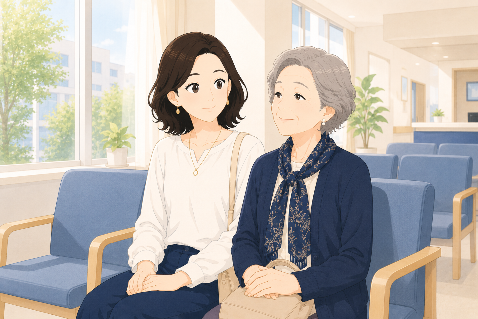 病院の待合室で並んで座る母娘